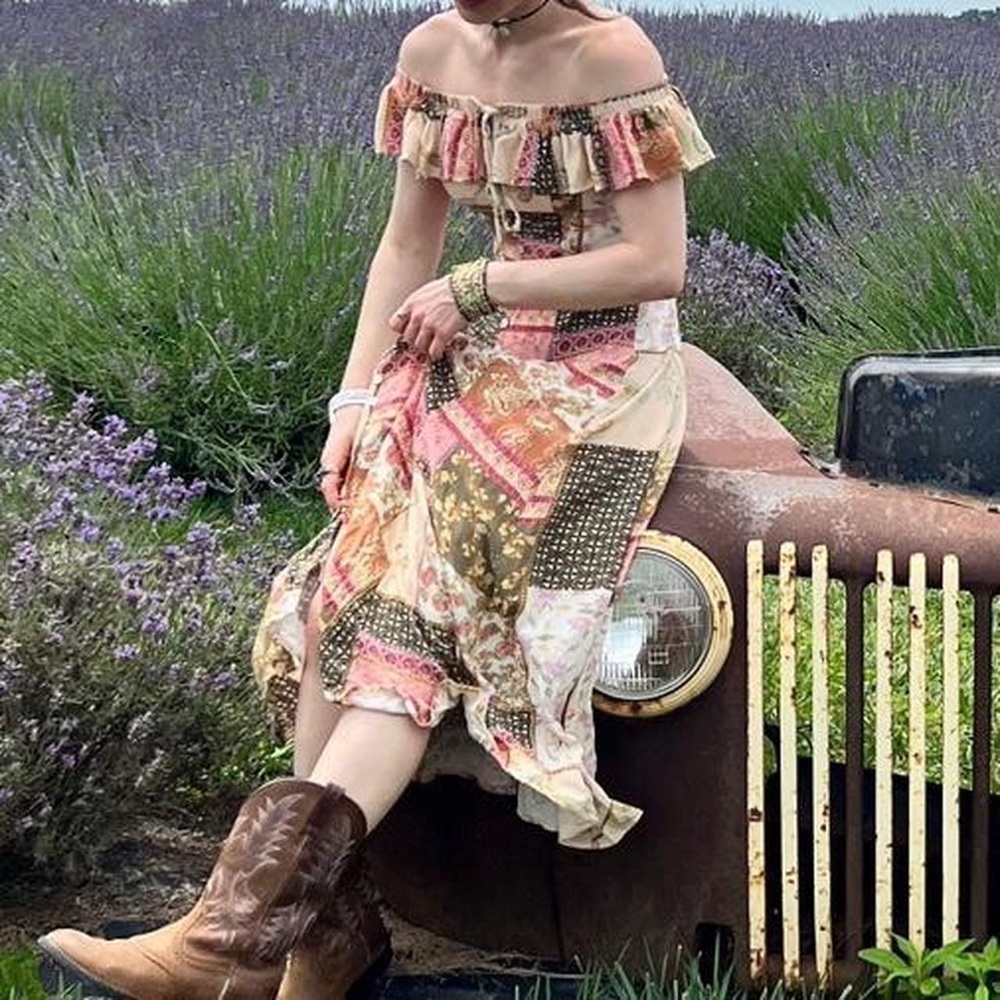 Z Supply “Veda” Patchwork Off-Shoulder Midi Dress